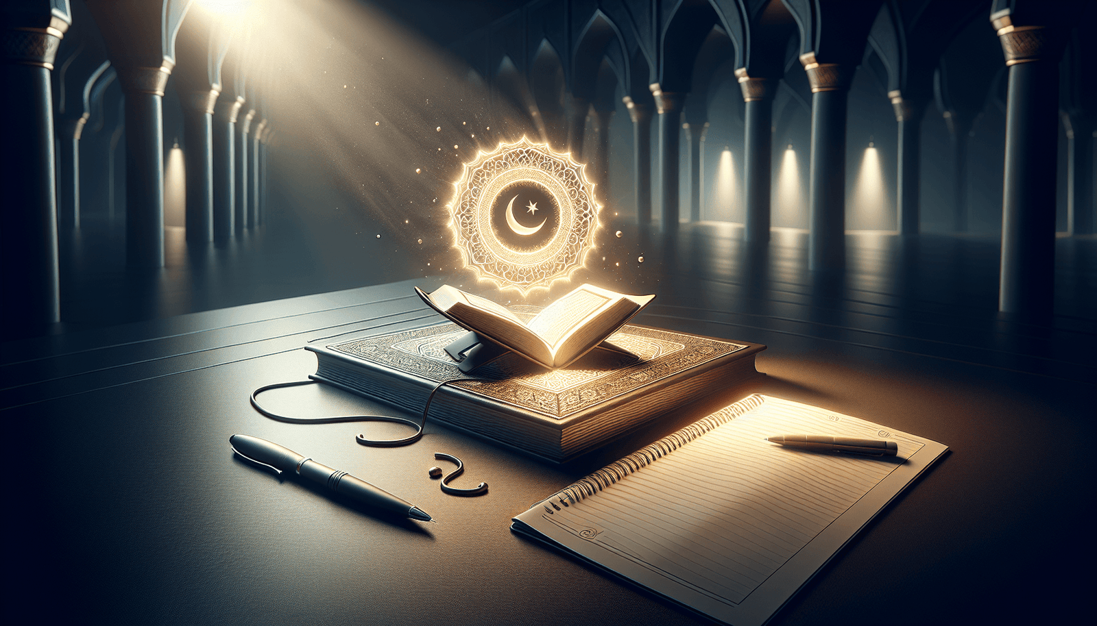 Applying Quranic lessons: open Quran with notebook for daily actions