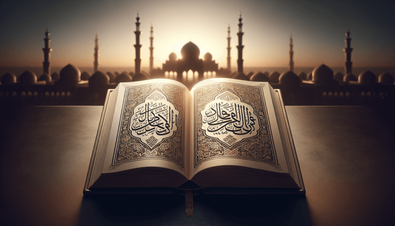 Authentic Hadith collections open book with Islamic calligraphy and mosque