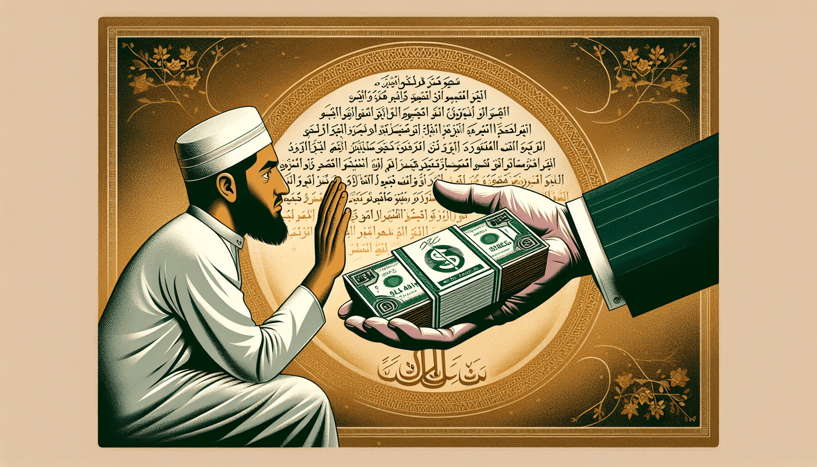 avoiding riba Islamic finance guide with Quran and modern banking symbols