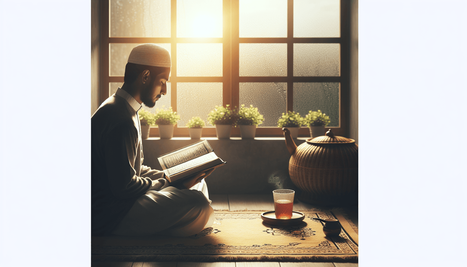 Daily recitation of Quran on prayer mat with morning light