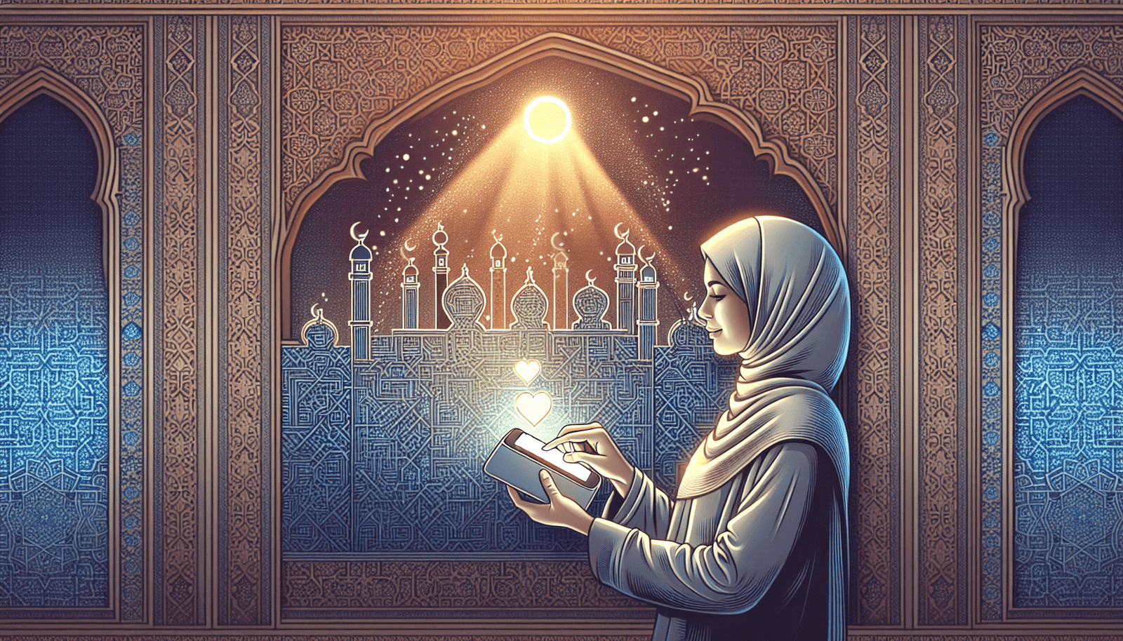 digital charity concept with smartphone and Islamic geometric patterns