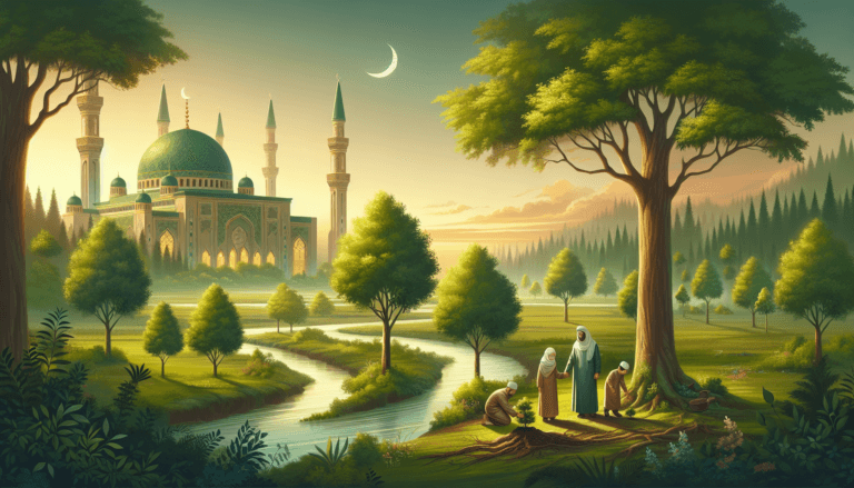 Environmental responsibility in Islam concept with mosque and green nature
