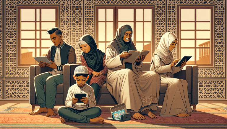 Ethics of technology use in Islam - Muslim family using digital devices responsibly
