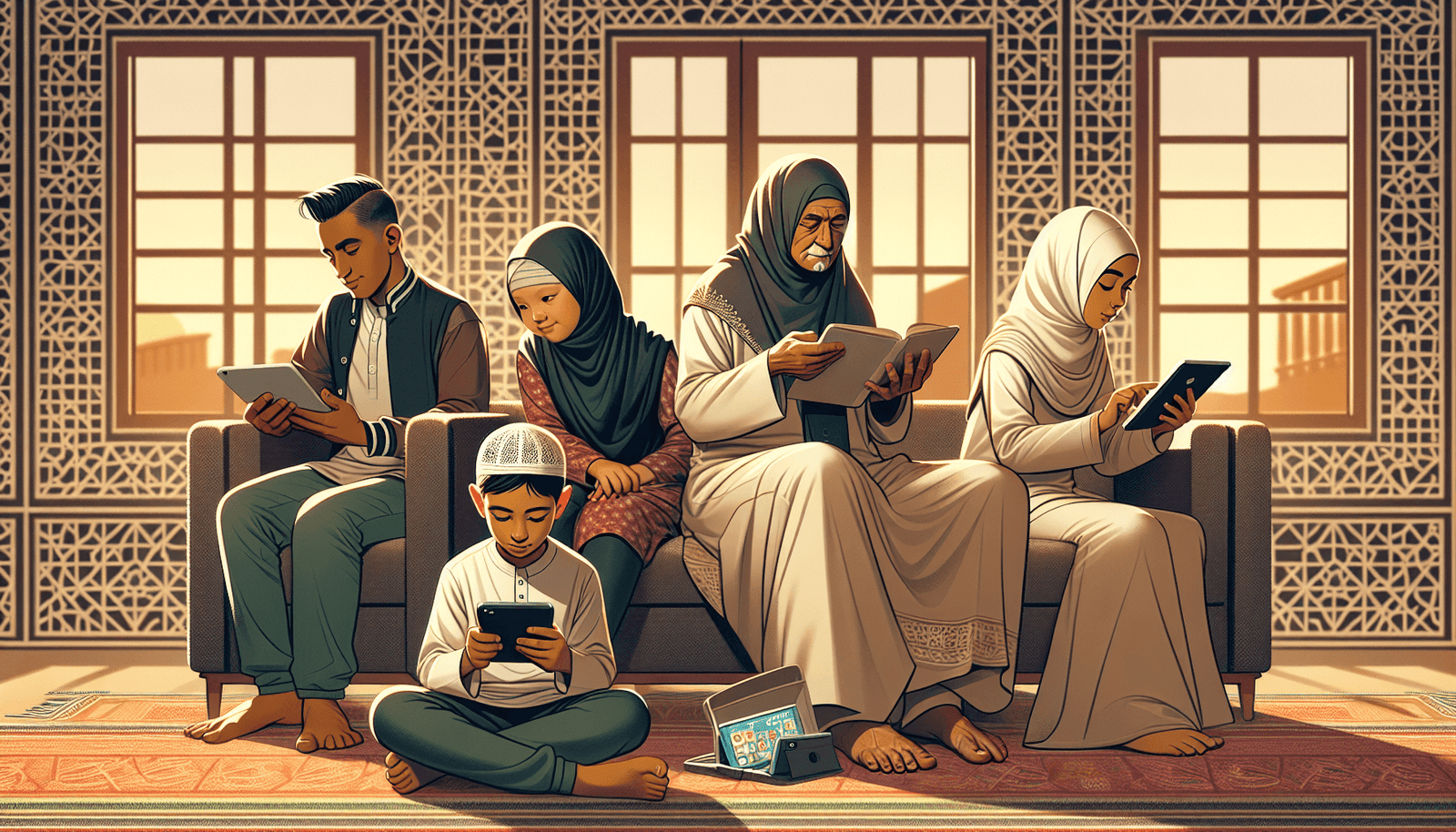 Ethics of technology use in Islam - Muslim family using digital devices responsibly