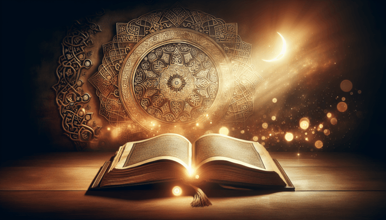 Famous hadith stories book with glowing light and Islamic patterns
