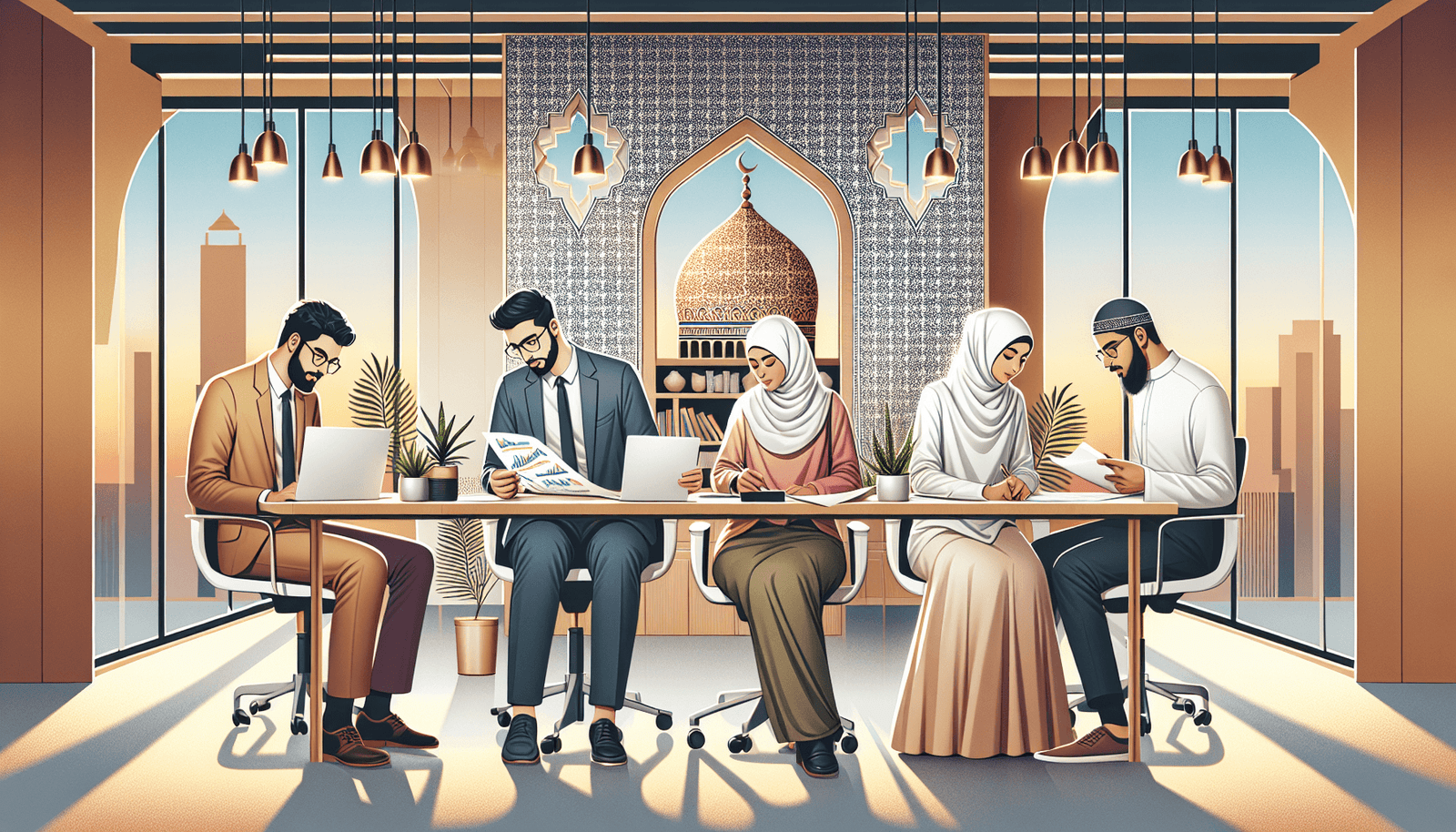 Halal investment strategies guide with Muslims reviewing Shariah-compliant financial documents