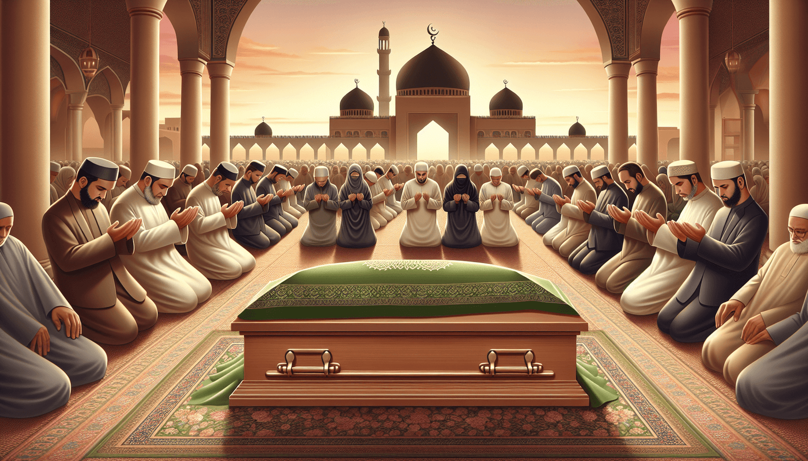 Islamic funeral rites guide showing Janazah prayer and burial procedures