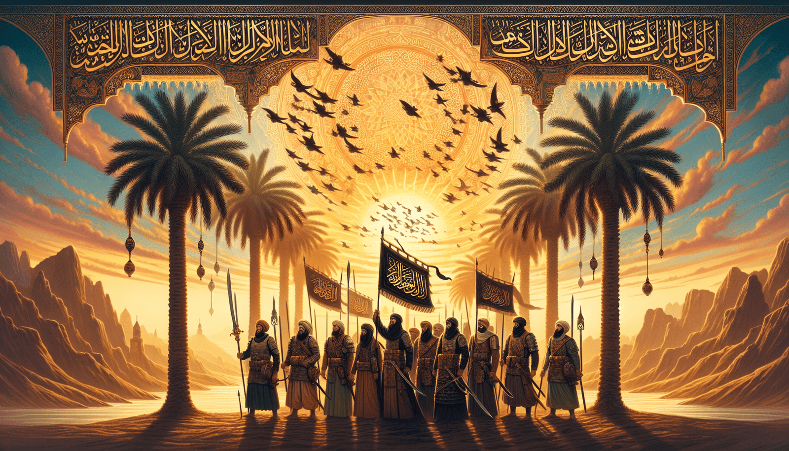 Key battles in Islamic history depicted with Muslim warriors and desert landscape
