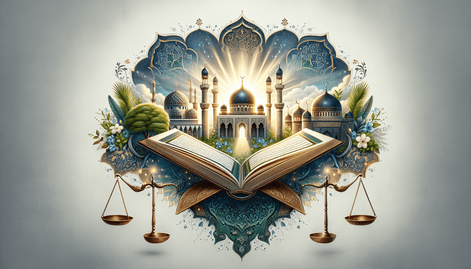 Major themes of the Quran illustrated with an open Quran and Islamic symbols