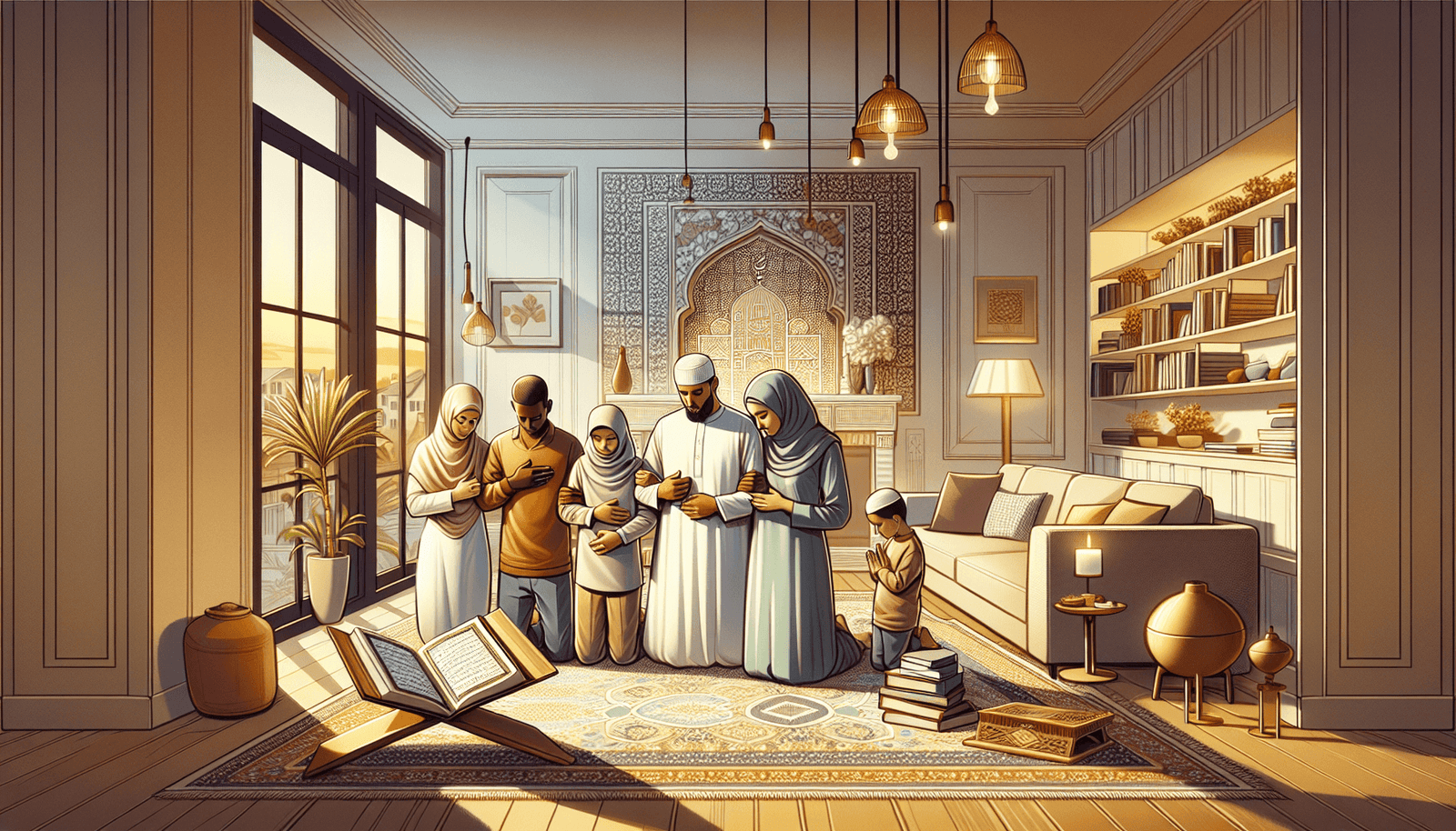Muslim family discussing gender roles today in Islam with Quran and modern setting