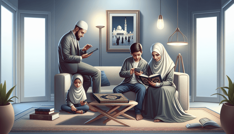 Muslim family practicing technology ethics with digital devices