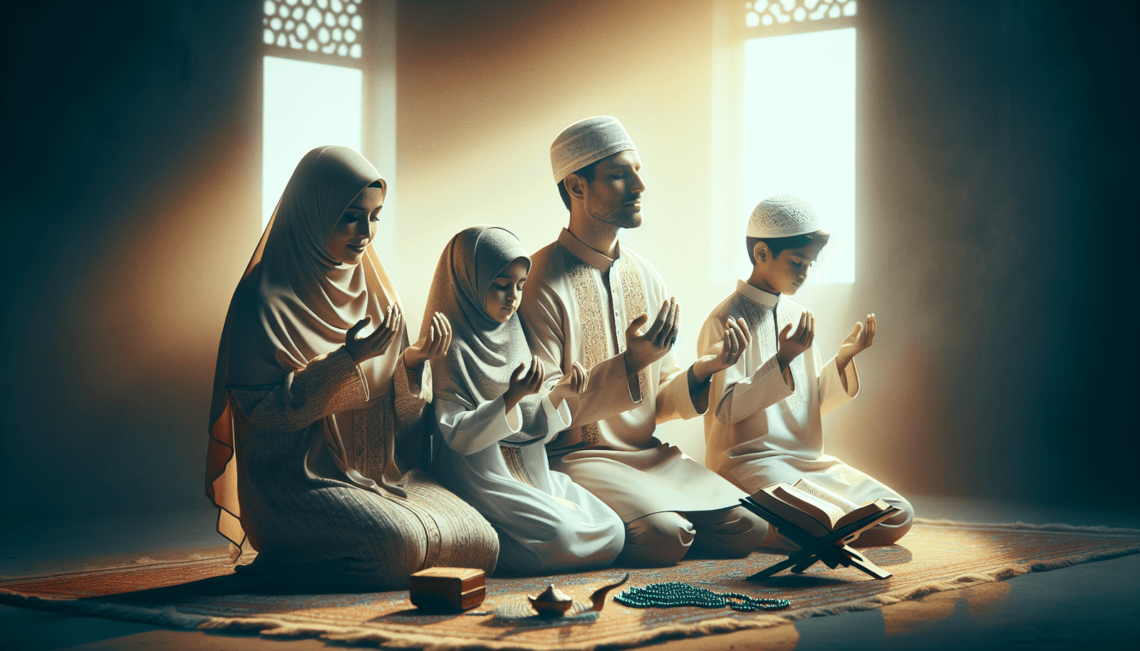 Muslim family reciting powerful duas for protection from harm in a peaceful setting