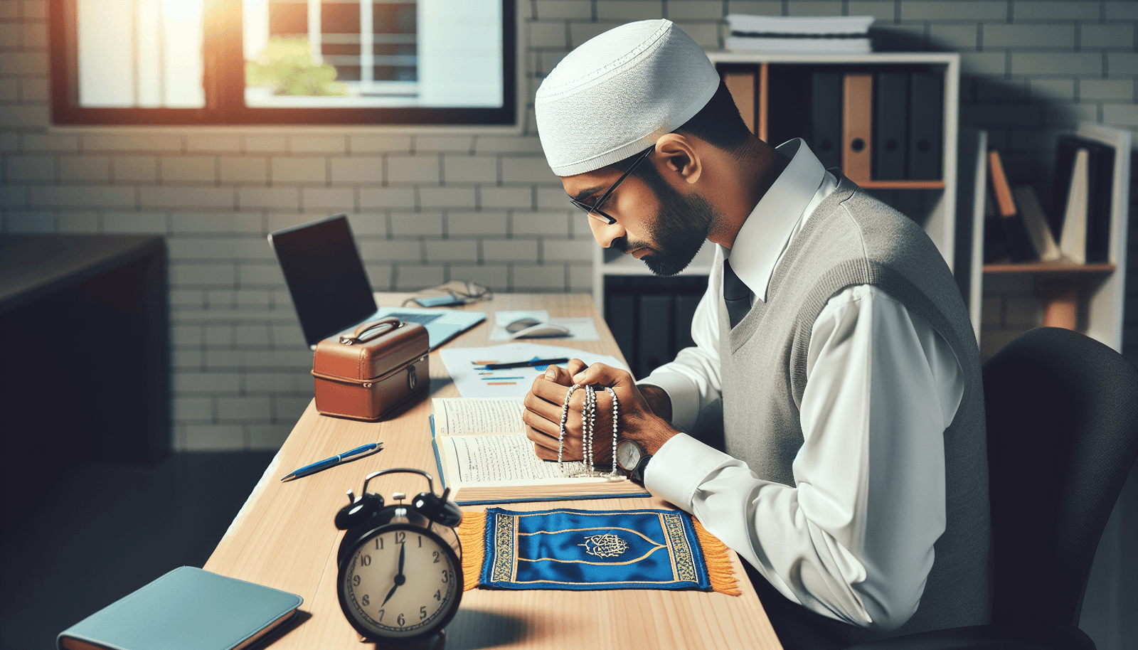 Muslim professional achieving work-life balance with prayer and work
