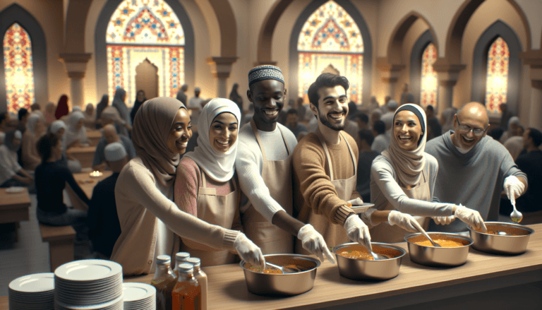 Muslim volunteers serving food at a community event illustrating the power of volunteering in Islam