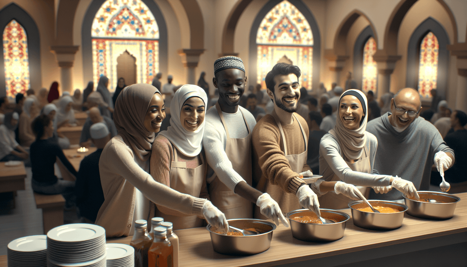 Muslim volunteers serving food at a community event illustrating the power of volunteering in Islam