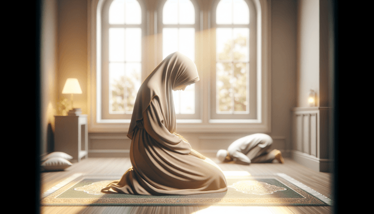 Muslim woman performing women's prayer in sujud position with modesty