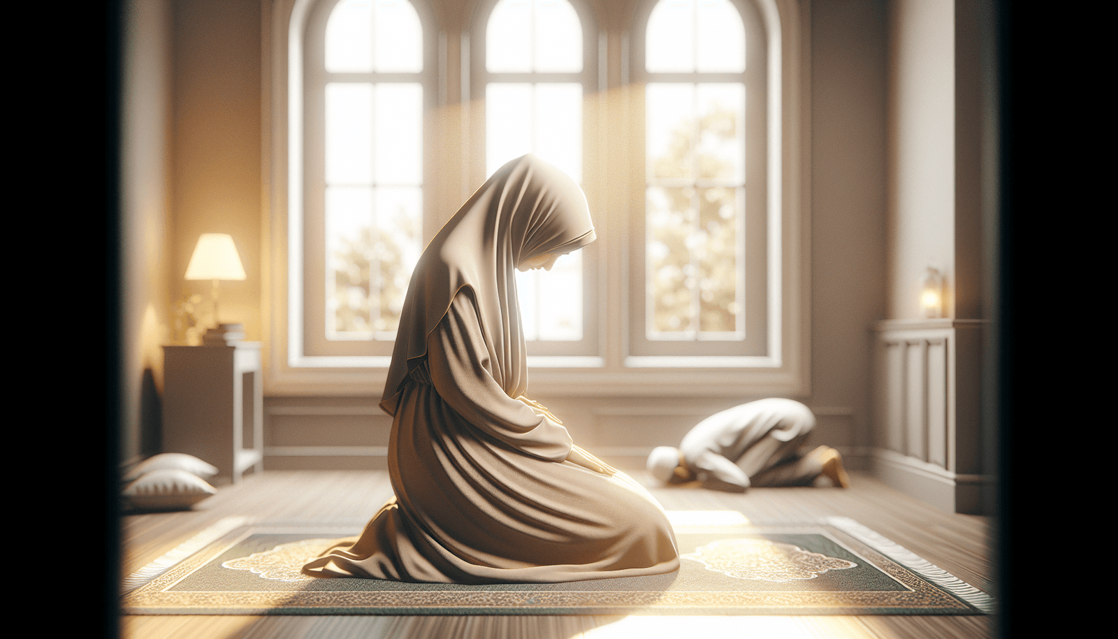 Muslim woman performing women's prayer in sujud position with modesty
