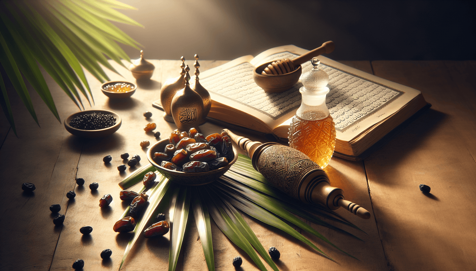 Prophetic medicine and health practices including dates, honey, black seed, and miswak on a table