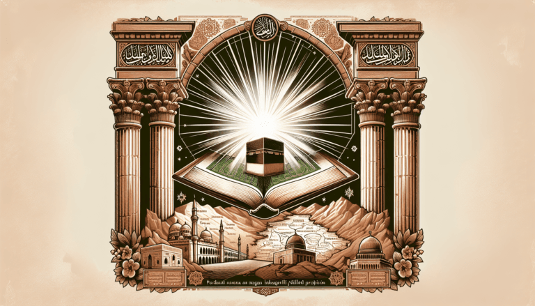 Quranic prophecies and their fulfillment illustrated with an open Quran and historical symbols