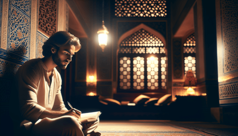 Self-reflection Muhasabah practice: Muslim man holding himself accountable through daily reflection