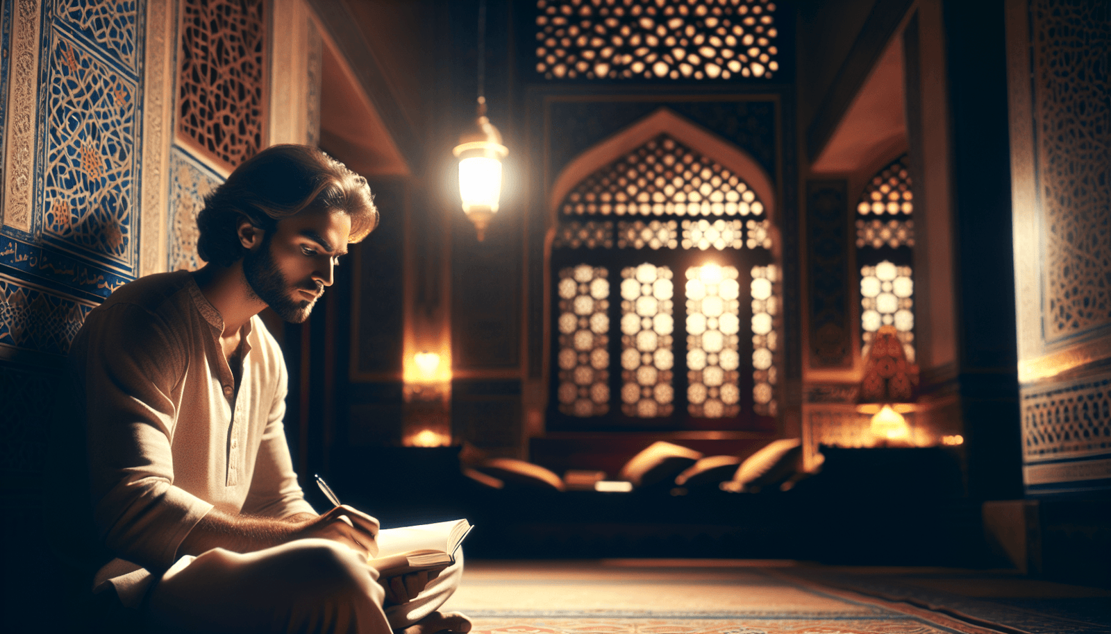Self-reflection Muhasabah practice: Muslim man holding himself accountable through daily reflection