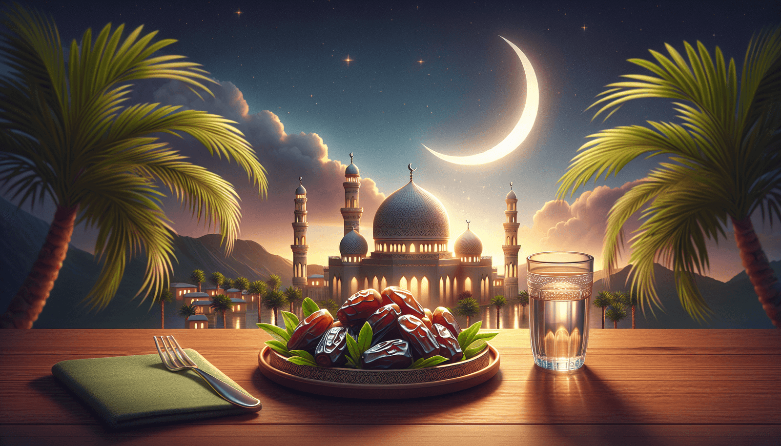 Spiritual rewards of fasting in Islam - crescent moon and mosque