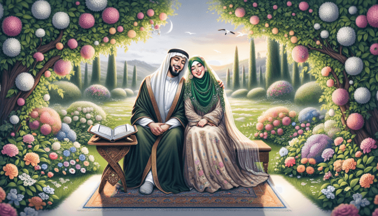 Spousal rights in Islam - a couple in a peaceful garden with the Quran, representing mutual rights and responsibilities of spouses