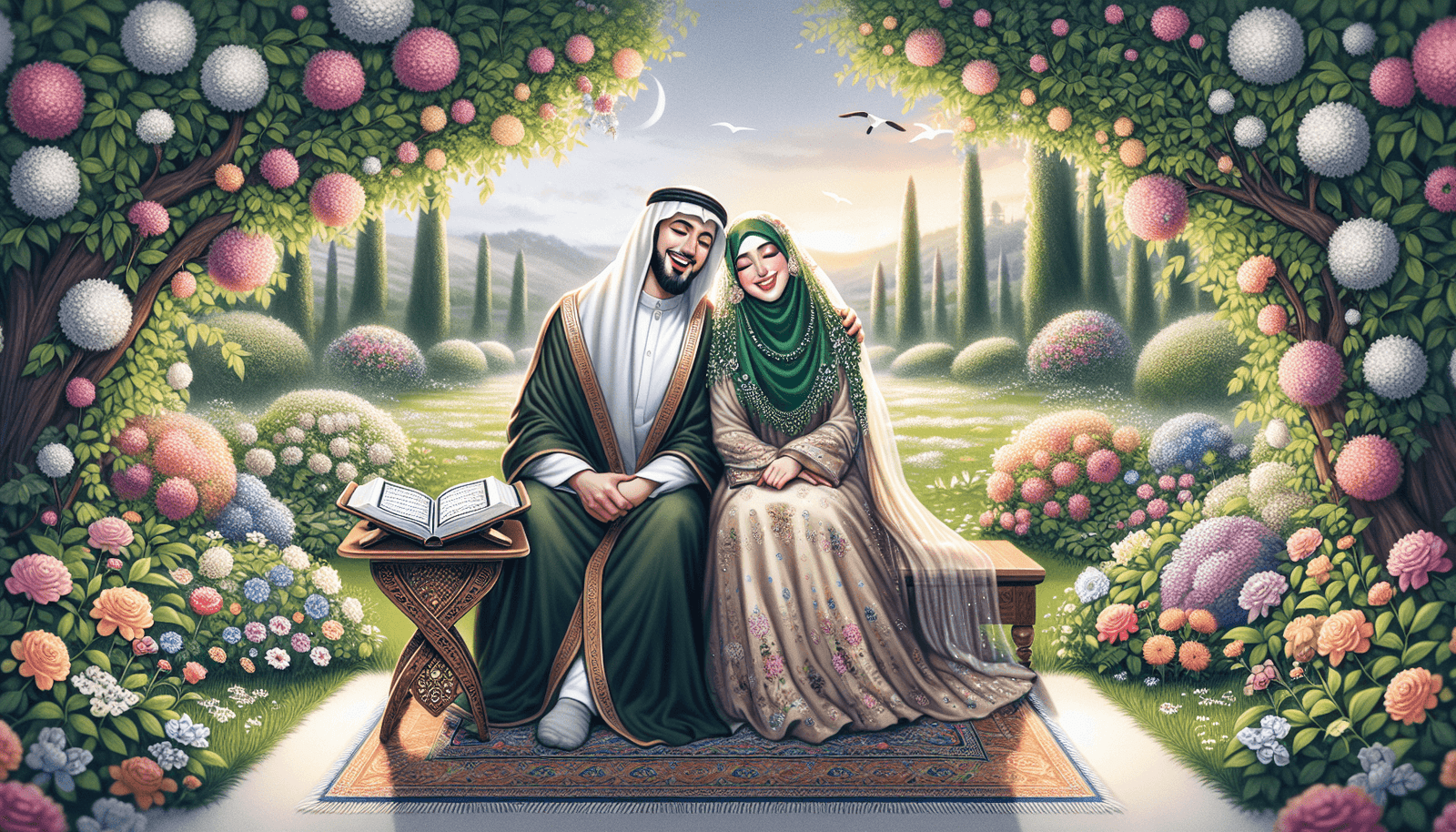 Spousal rights in Islam - a couple in a peaceful garden with the Quran, representing mutual rights and responsibilities of spouses