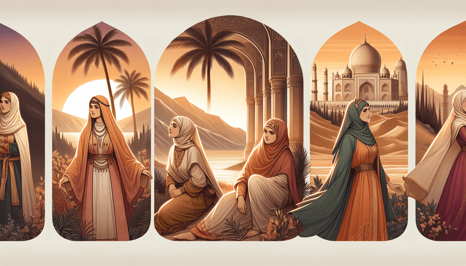 Stories of women in the Quran showing Maryam, Asiya, Khadijah, and Hajar
