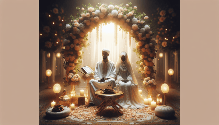 Successful Islamic marriage preparation couple under floral arch