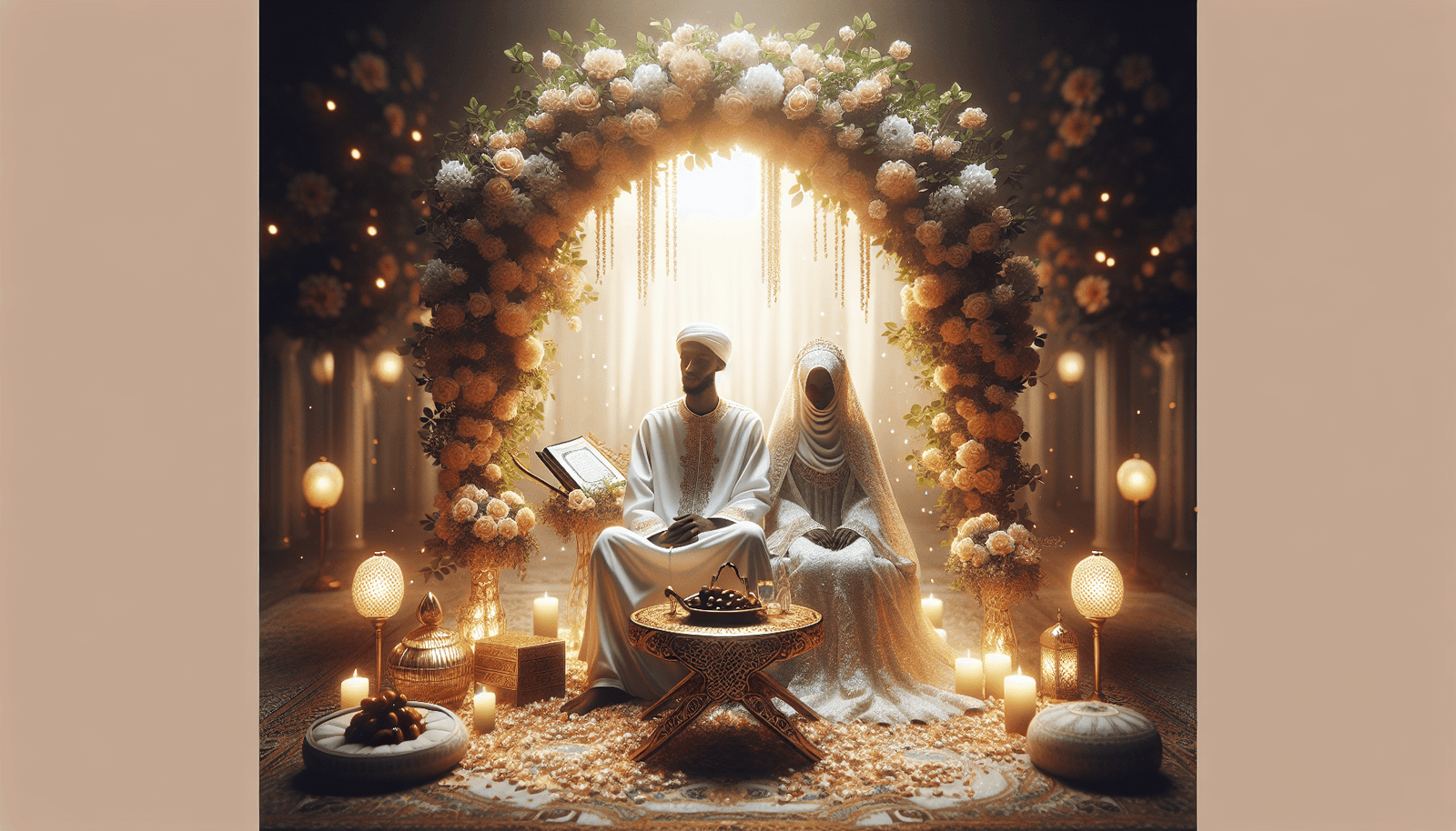Successful Islamic marriage preparation couple under floral arch