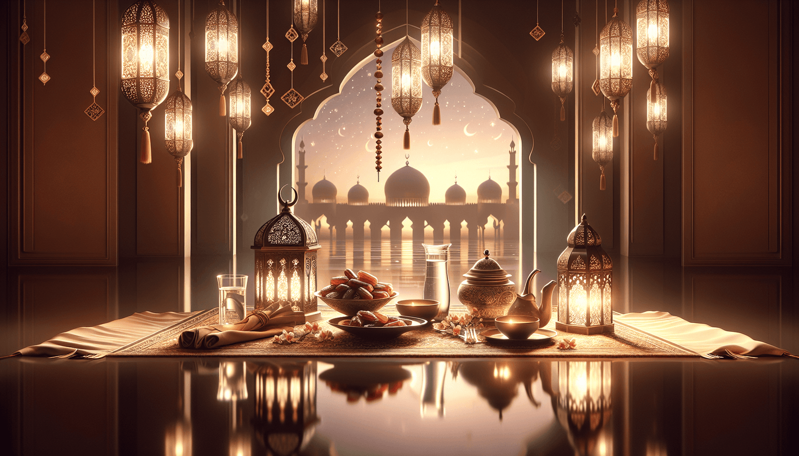 Sunnah of Suhoor and Iftar table with dates and water for Ramadan fasting