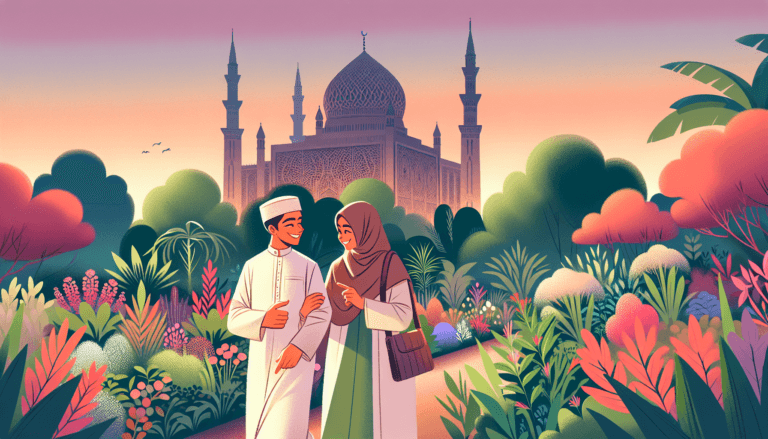 Two Muslim friends exemplifying choosing the right friends in Islam with a mosque backdrop