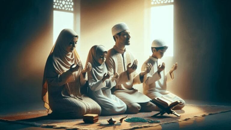 Muslim family reciting powerful duas for protection from harm in a peaceful setting