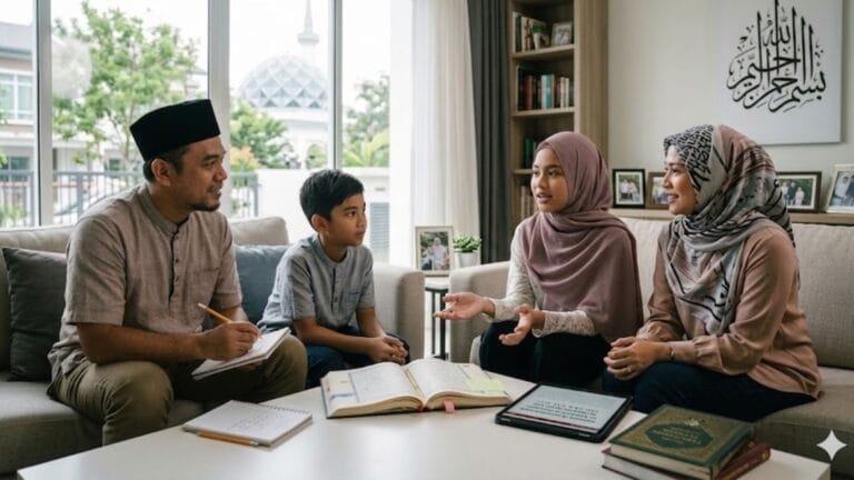 Muslim family discussing gender roles today in Islam with Quran and modern setting